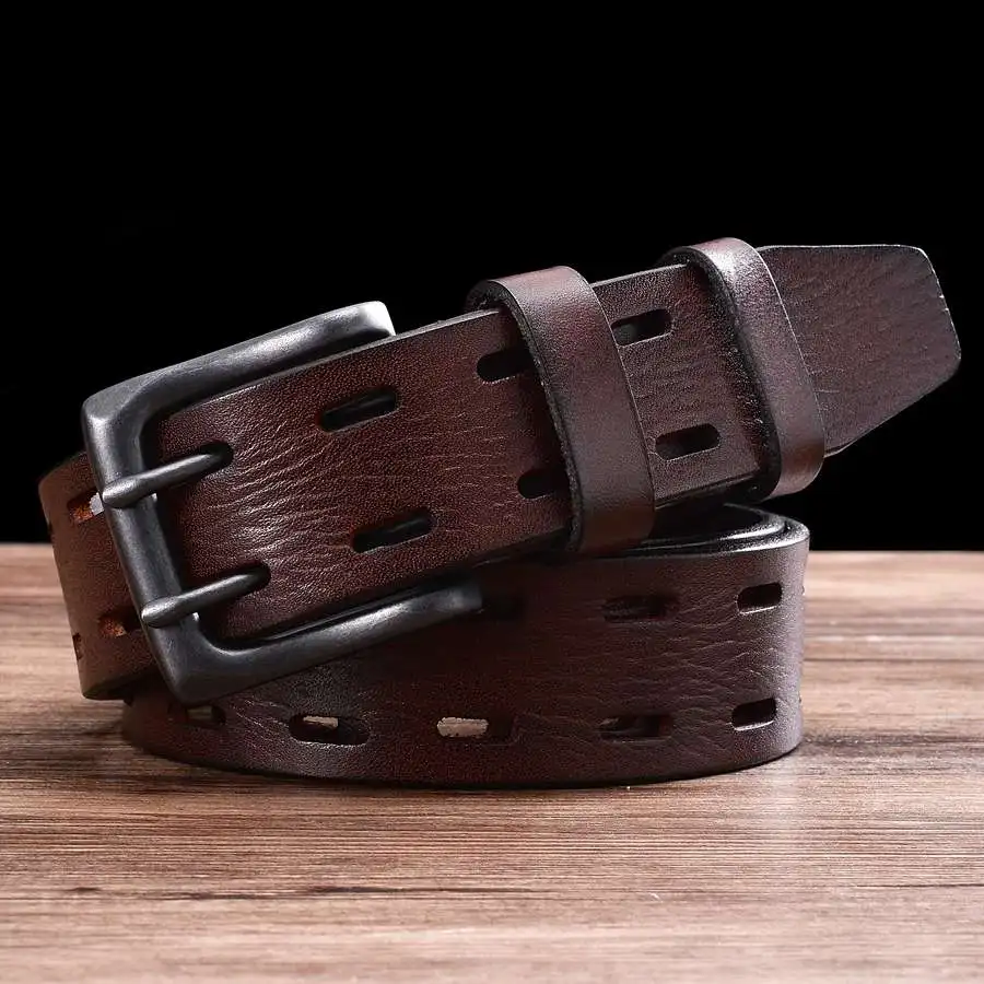 Genuine Leather Double Pin Buckle Belt Classic Hollowed Out Waistband Jeans Men Leather Strap
