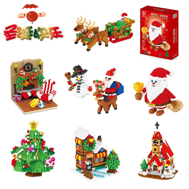 

7 Styles Mini Building Block DIY Christmas Kit Decoration Christmas Old Man Sleigh Elk Children Toy Gift Miniatures Kids Adult