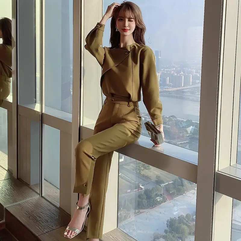 

2022 Spring Autumn Women Retro OL Suits Female O-neck Long Sleeve Tops + High Waist Straight Pants Ladies Two Piece Sets H146