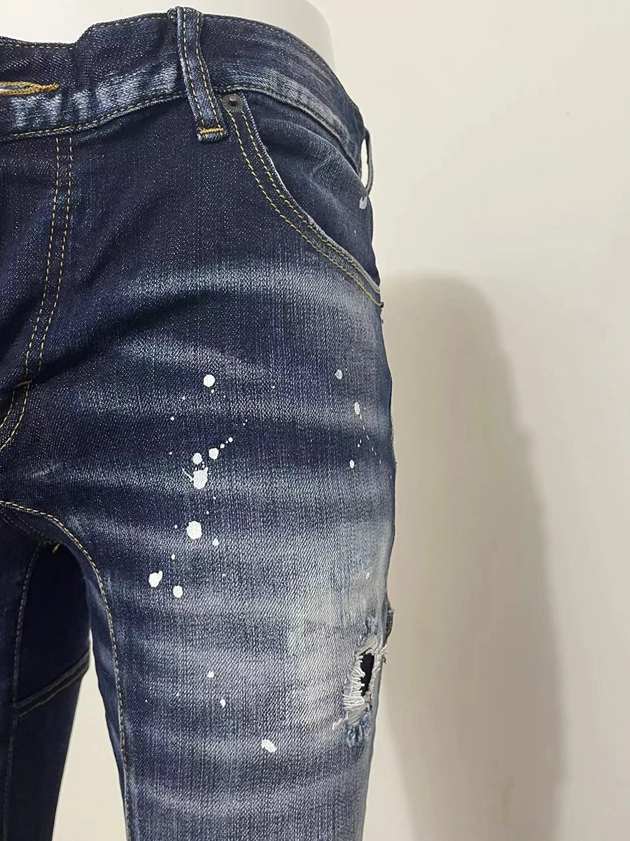 2023 spring and autumn new jeans D2 jeans three-dimensional cutting slim casual wash blue micro bullet patch