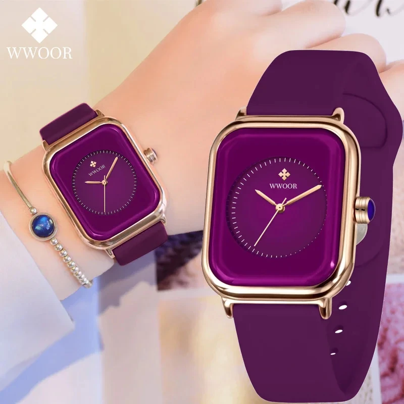 Часы WWOOR женские кварцевые, роскошные брендовые модные водонепроницаемые с силиконовым ремешком, квадратные фиолетовые