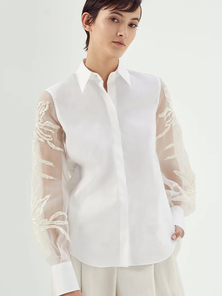 

Summer Basic White Women's Shirts Fashion Lapel Long Sleeve Blouses Mesh See-through Embroidery Design Brand B'C High Quality.