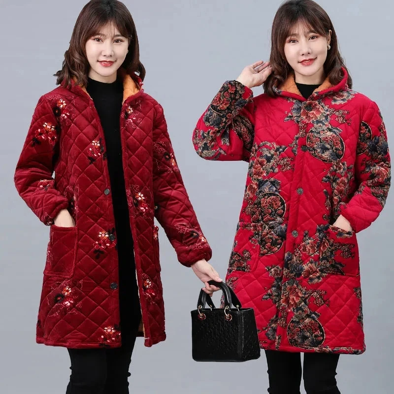 Parkas Women Plus Velvet Thick Middle-aged Elderly Mother Wear Long Padded Coat Female Large Size Hooded Warm Down Cotton Jacket