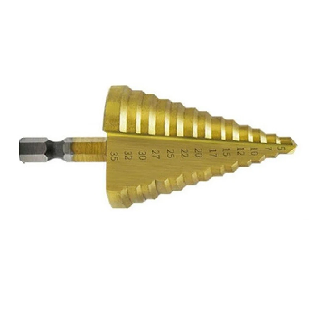 

Spiral Grooved Drill Step Drill Tool Hex Handle 23x13mm Shank 35x72mm Total Size 5-35MM HSS Nitrogen Treatment
