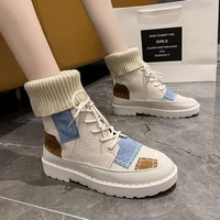 women ankle boots shoes winter warm flock cross tied platform 3cm splice flat with casual ladies student sweet booties shoes