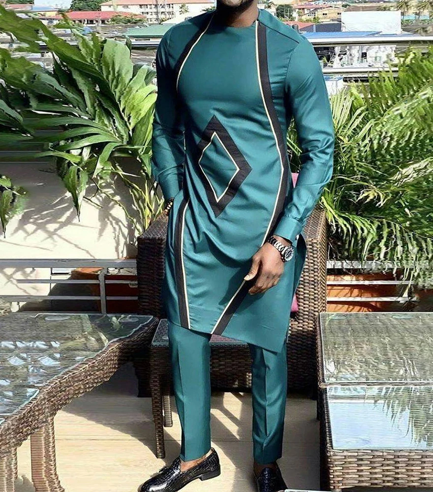 

Men's Clothing 2022 New Style Nationality Africa Fashion Round Neck Printing Long Sleeve Button Clothes + Pants Two-piece Set