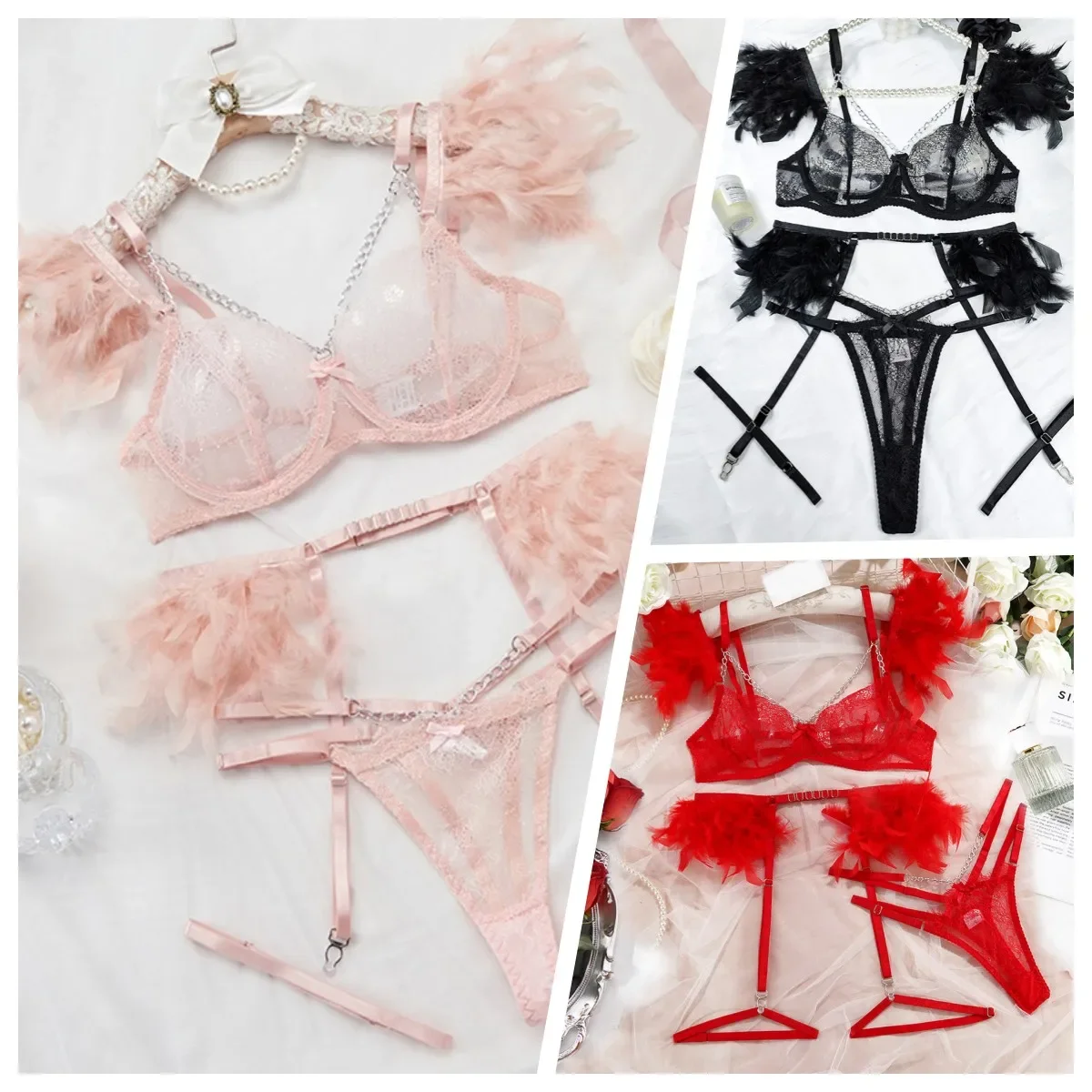 Прозрачный бюстгальтер с перьями комплект нижнего белья сексуальное нижнее