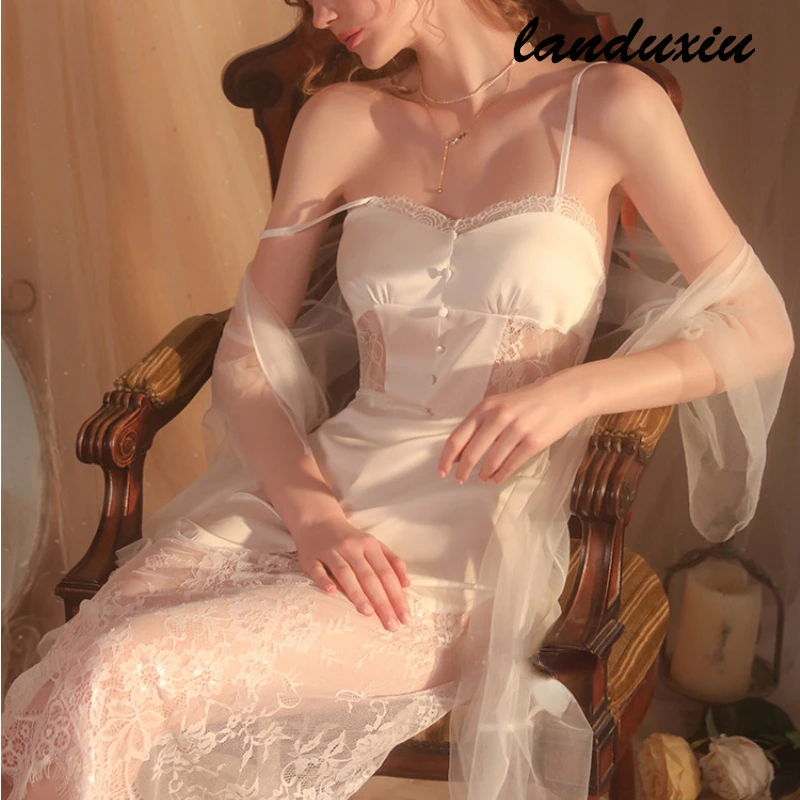 

Landuxiu Long Lace Suspender Nightdress Sweet and Comfortable Women's Pajamas Up Robe Solid Color Home Suit Night Dress