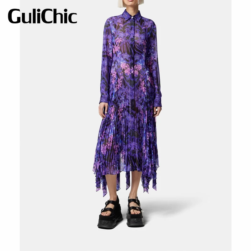 5.26 GuliChic Women Fashion Print Floral Thin Long Sleeve Collect Waist Irregular Midi Pleated Dress