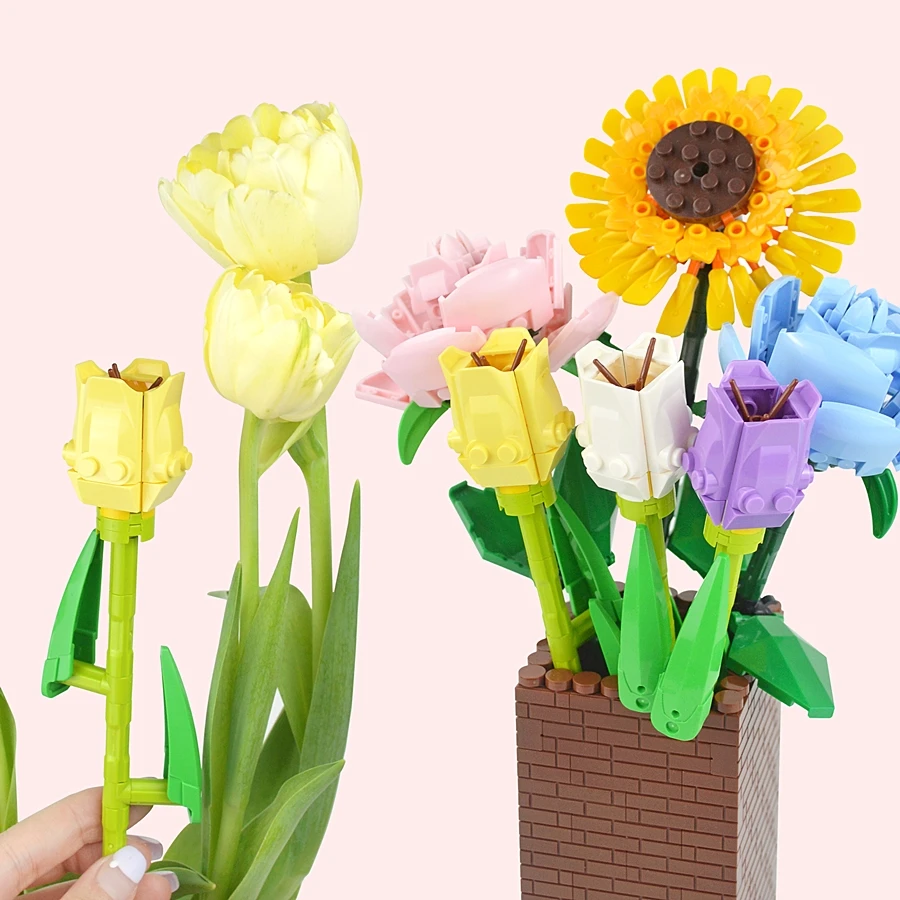 Букет цветов Fomantic Подсолнух тюльпан строительный блок игрушки сделай сам розы