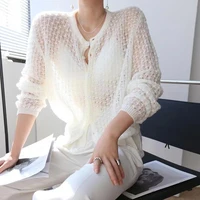 limiguyue women knitted cardigan autumn thin single breasted hollow out mohair sweater gentle casual loose french white tops