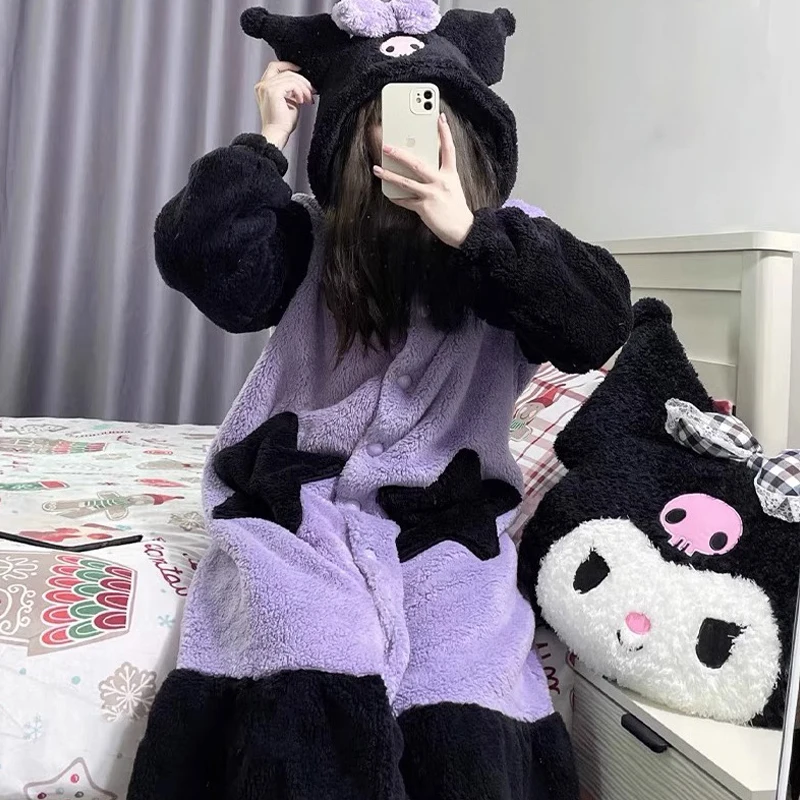 MINSO Senrio Kuromi халат Kawaii зимний теплый коралловый бархатный пижамный мультфильм