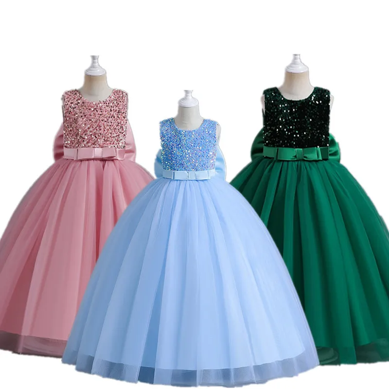 

Teenage Girl Party Dress Blue Sequin Bow Formal Gala Long Gown Bridesmaid Wedding Ceremony Costume Kids Birthday Princess Cloth