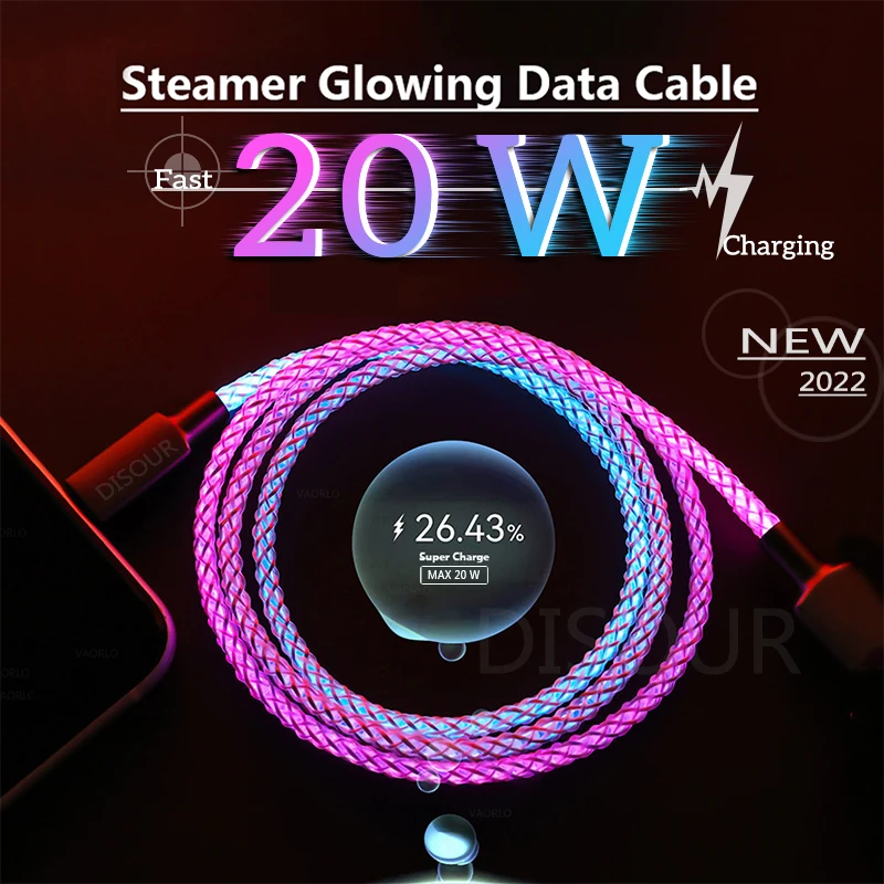 

Новый светящийся кабель для быстрой зарядки 20 Вт RGB Type-C Micro Flow, кабель для передачи данных USB C Micro-USB, быстрая зарядка для Xiaomi Samsung Huawei