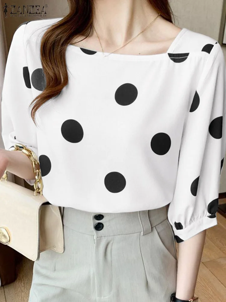 

Модная Базовая рубашка ZANZEA, летние топы в горошек с коротким рукавом, женская блузка с квадратным вырезом, праздничные рубашки, Женская сорочка