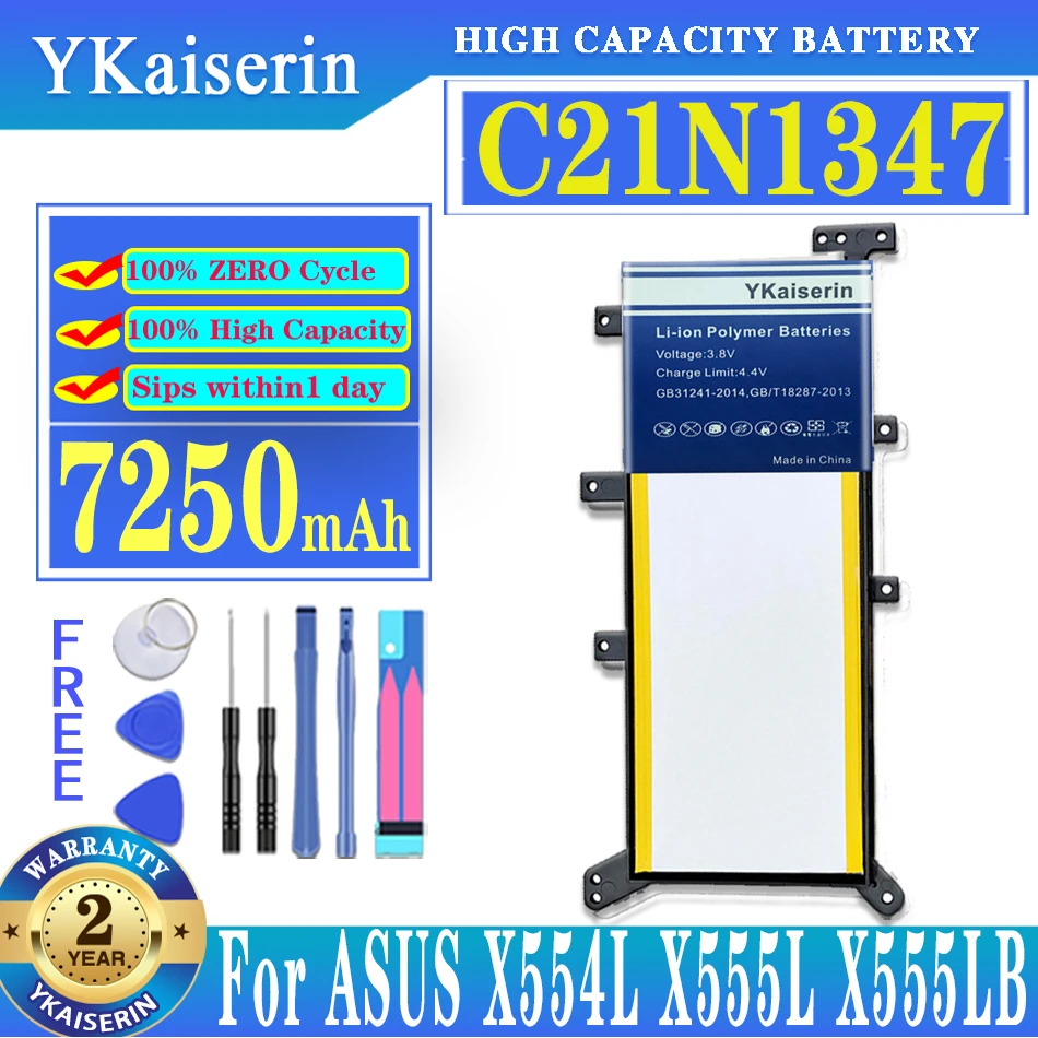 

YKaiserin Battery For ASUS X554L X555L X555LB X555LN X555 X555LD X555LP F555A F555U W519L F555UA VM C21N1347 7250mAh + Free Tool