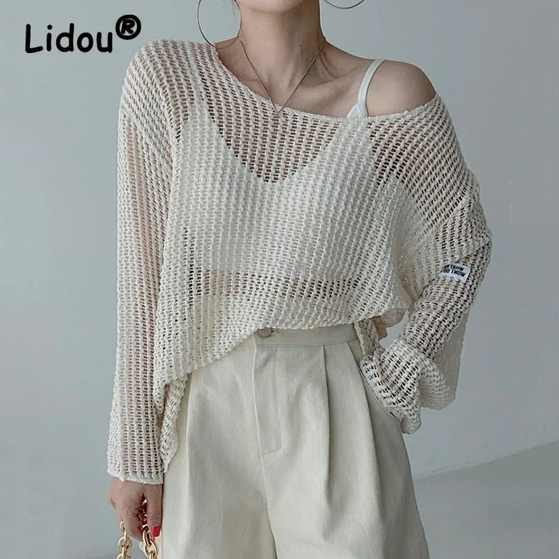 

Fashion Y2K Sweater For Korean Women 2022 Sexy Hollow Out Female Casual Streetwear Chic Clothing Long Sleeve Pullover T-shirts