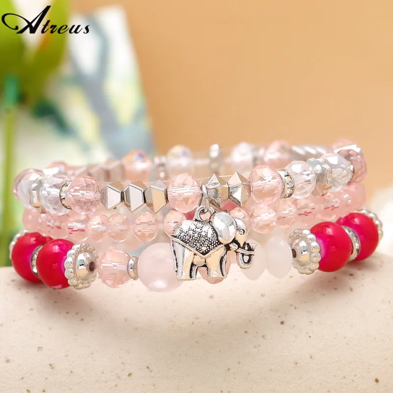 

Pink Crystal Beads Bracelet For Girls Women Retro Boho Elephant Charm Bracelet Multilayer Bracelet Set Geometric Strand Bracelet