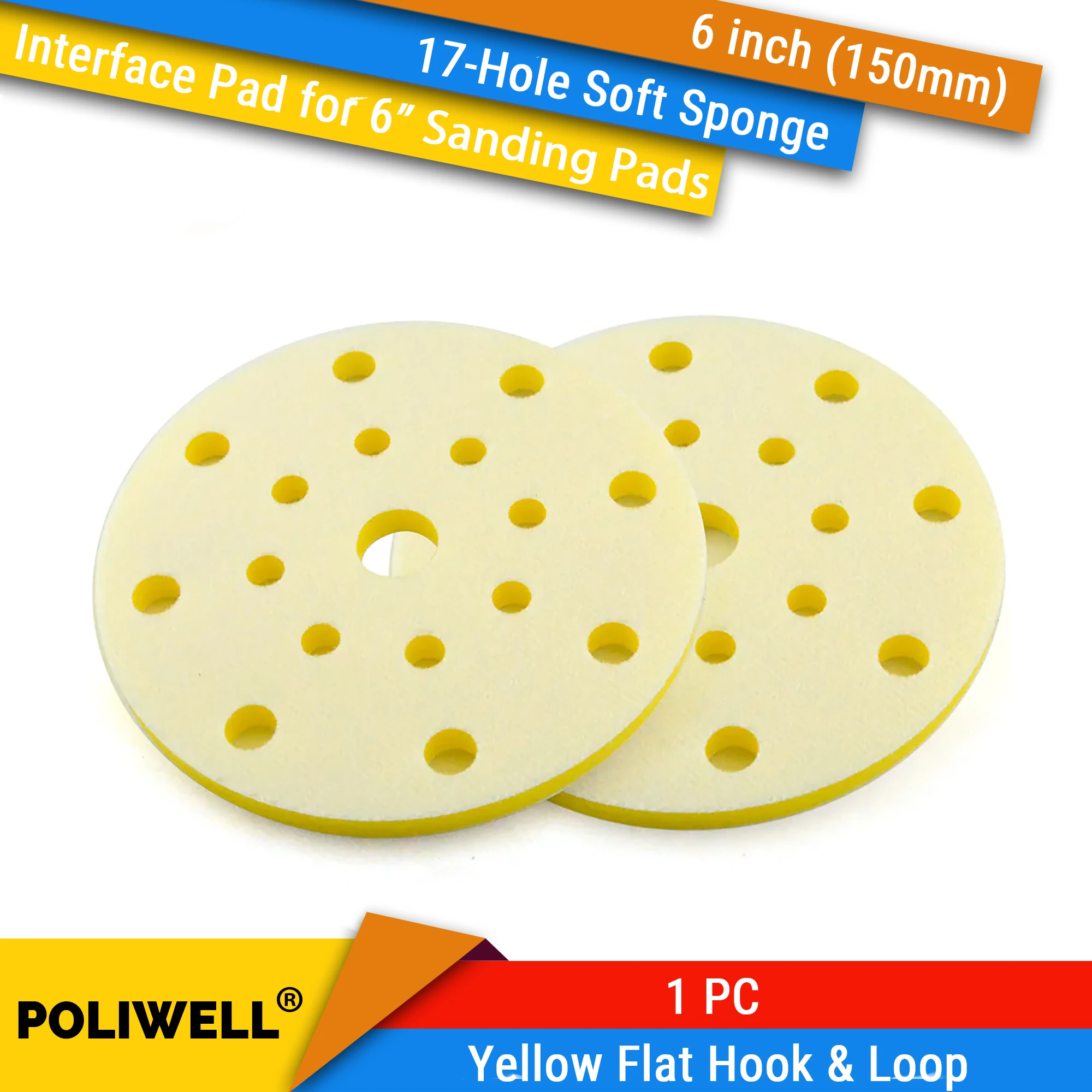 

Мягкая губка, 6 дюймов, 150 мм, 17 отверстий, желтая, плоская липучка, защита поверхности, буферная подкладка