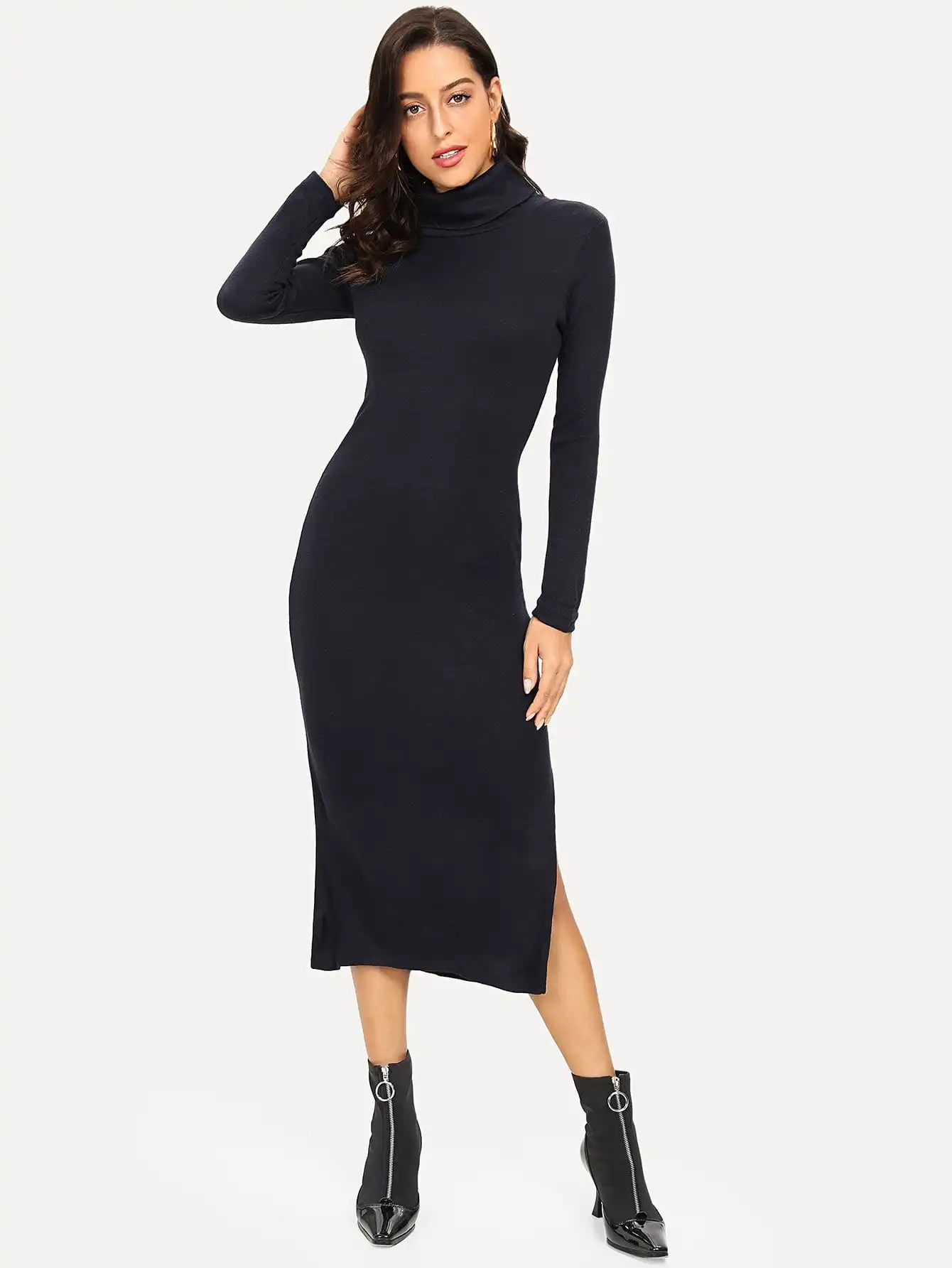 

Женское платье с высоким воротом, однотонное облегающее платье с длинным рукавом, повседневные облегающие вечерние платья миди, Модный пул...