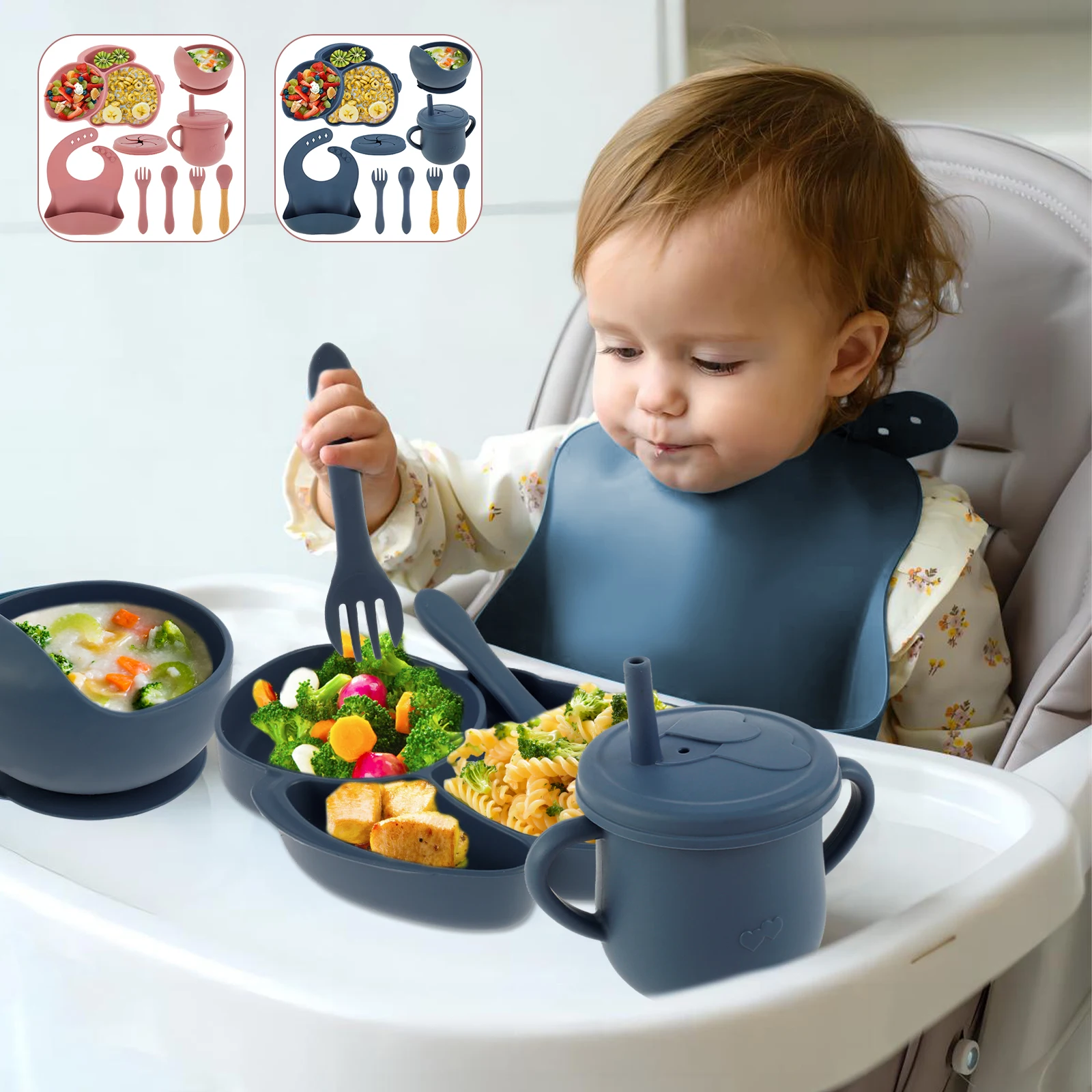 

9 Pcs Baby Feeding Set Silicone Baby Plate and Bowl Set with Suction Cup BPA-Free Baby Tableware Set Baby Led Weaning Supplies