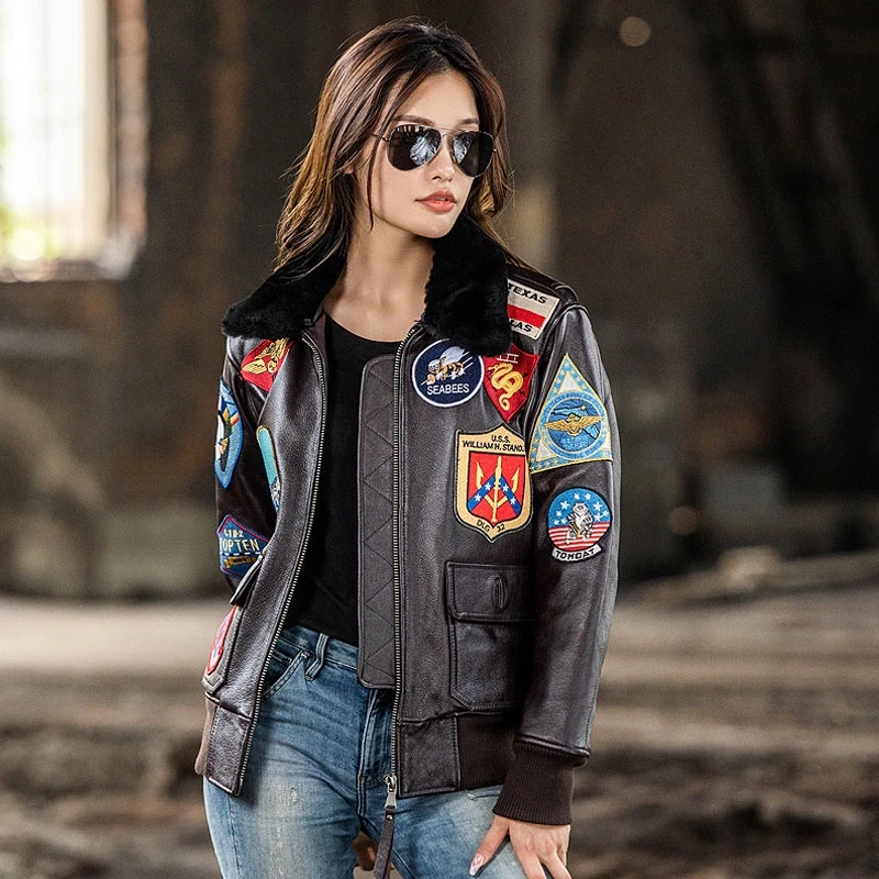 Dark Brown TOP GUN Maverick G1 Jacket Women Military Style Natural Thick Cowhide Winter Warm Aviator Genuine Leather Coats