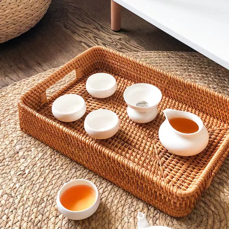 

With Tray Storage Tray Fruit Tea Afternoon Food Storage Round Basket Rattan Tray Display Handle Hand-woven Basket Case Tea Fruit