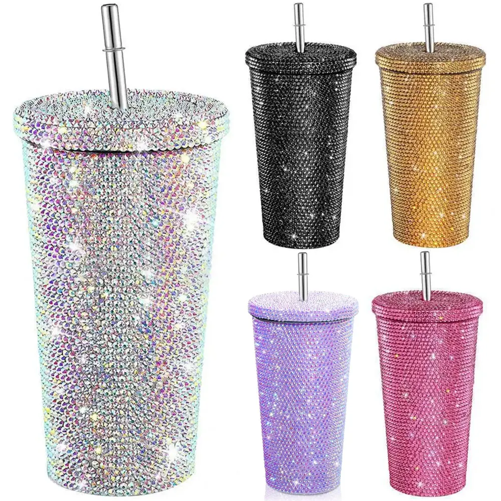 

Stainless Steel Diamond Thermos Bottle Tumblers 500ml Cup Cola Kids Thermal Aater Water Shool With Straw Lid Coffee Mug 16.9oz