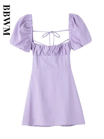 Summer 2022 Women White Linen Dress Square Collar Vintage Short Sleeve Chic Female Fashion Elegant Mini Dress Vestidos