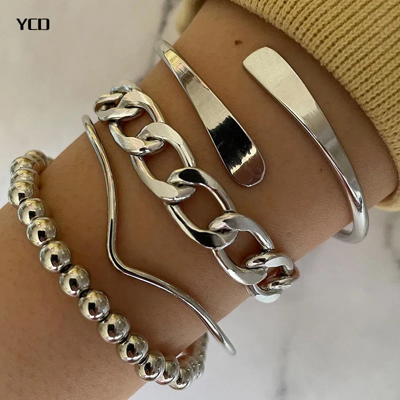 

YCD Punk Gold Color Charm Bracelets Bangles Adjustable Chunky Link Cuban Chain Bracelets Set for Women Fashion Jewelry