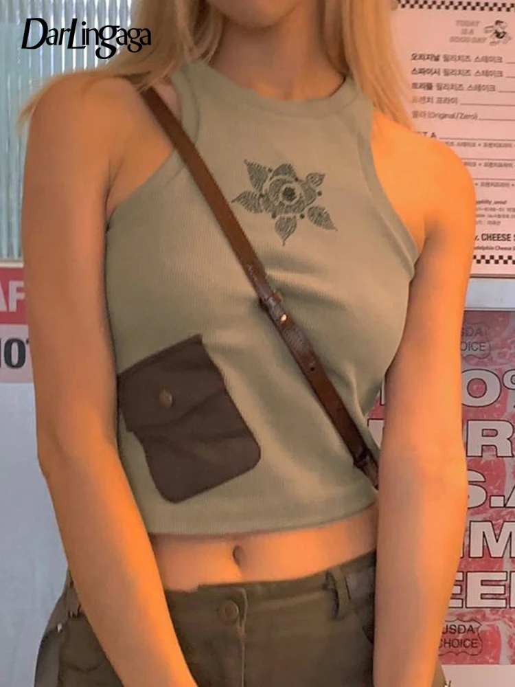 

Darlingaga Y2K Vintage Fashion Rhinestones Summer Crop Top Female Harajuku Pockets Skinny Cute Tank Tops 90s Aesthetic Vest Chic