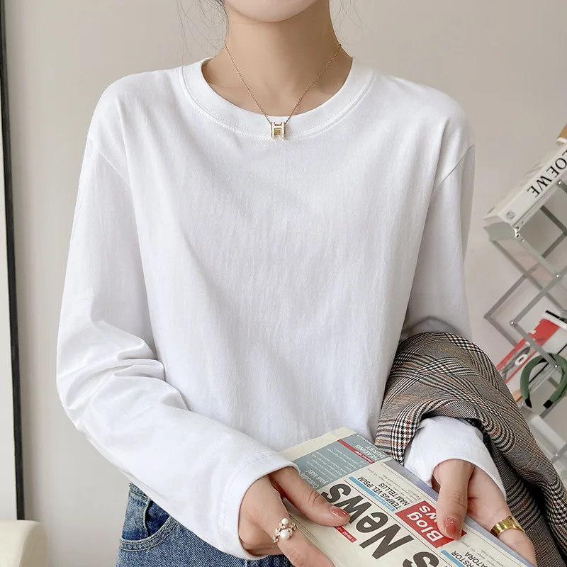 Купи Anbenser Cotton Womens Long Sleeve T-Shirt Casual Black White Fashion Solid Top Ladies Fashion Korean Tee Shirt Plus Size за 955 рублей в магазине AliExpress
