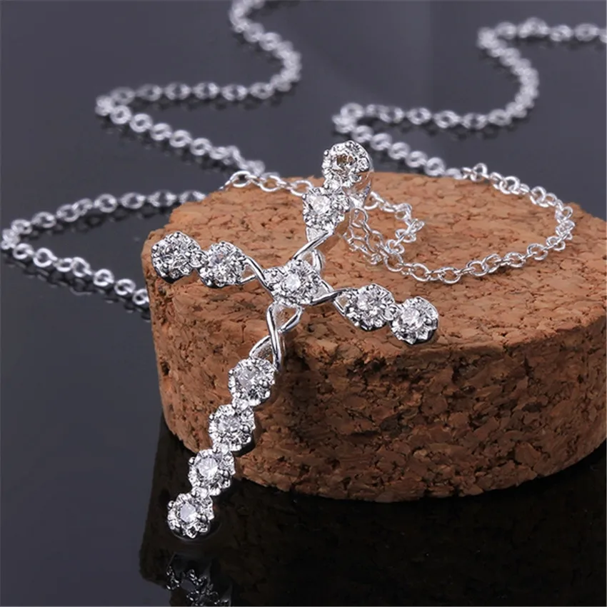 

925 Stamped silver wedding charms women lady noble Crystal Necklace Fashion Jewelry Classic Cross nice gift