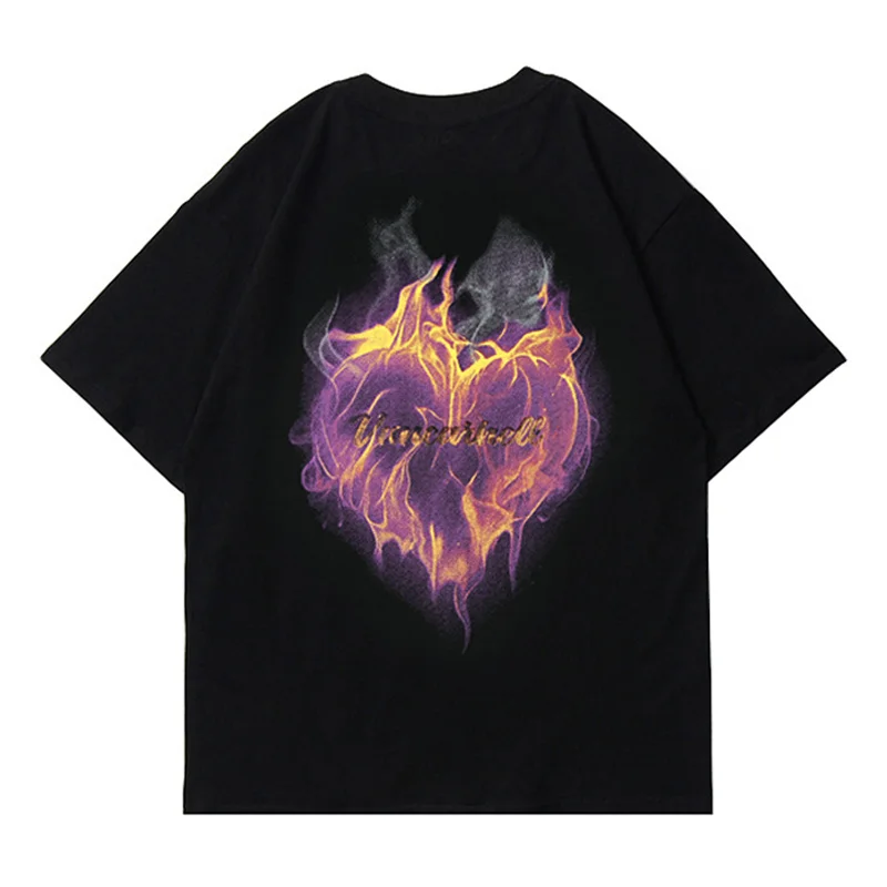 

Men Women Fashion American street flame love printed short sleeve t-shirt men's and women's fashion brand hip-hop loose couple