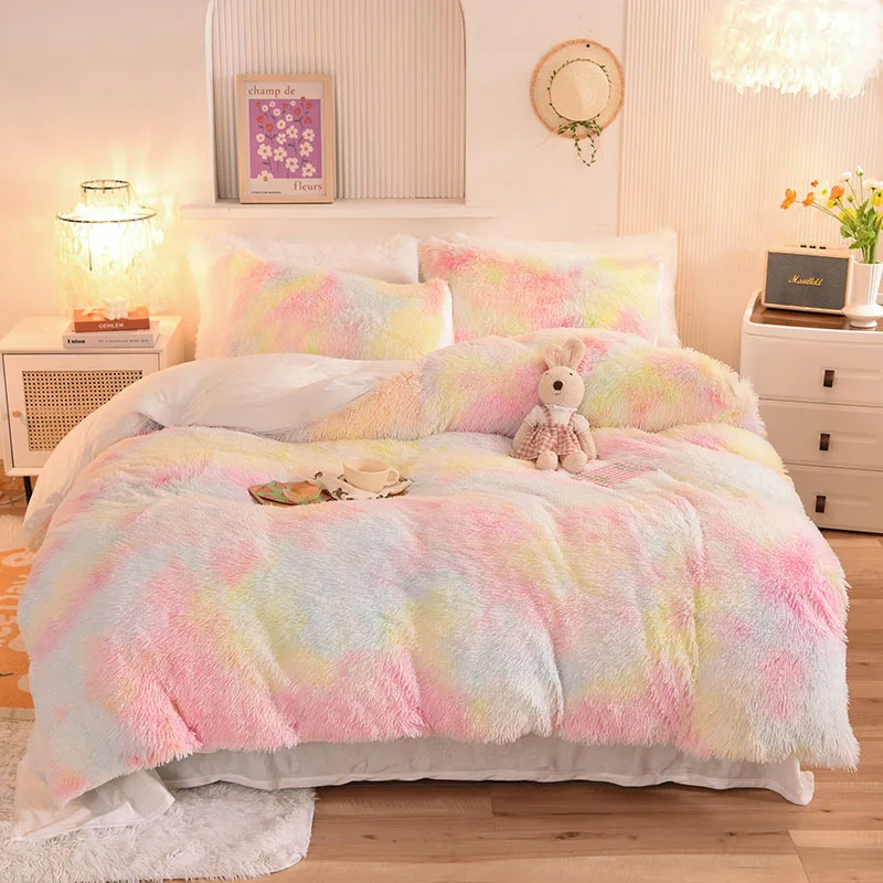 

Colorful Mink Fleece Crystal Fleece Four-piece Set Plush Home Textile Kit Winter Warm Bedding