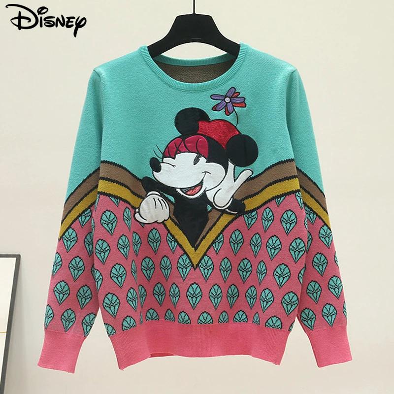

Disney New Arrival Top Fashion Embroidery Cotton O-neck Casual Cartoon Mickey Mouse Long Sleeve Loose Women Pullover Sweater