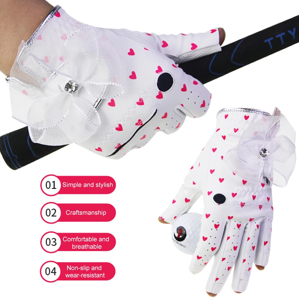 1 Pair Fashion Women Golf Gloves Ladies Soft Sport Gloves Bow-knot Heart Shape High-grade PU Breathable Non-slip Wear-resistant