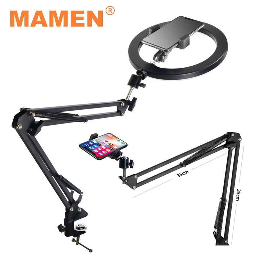 MAMEN Long Arm Overhead Shooting Phone Holder 26cm Ring Light Kit for Youtube Live Streaming Video Recording Photography Stand