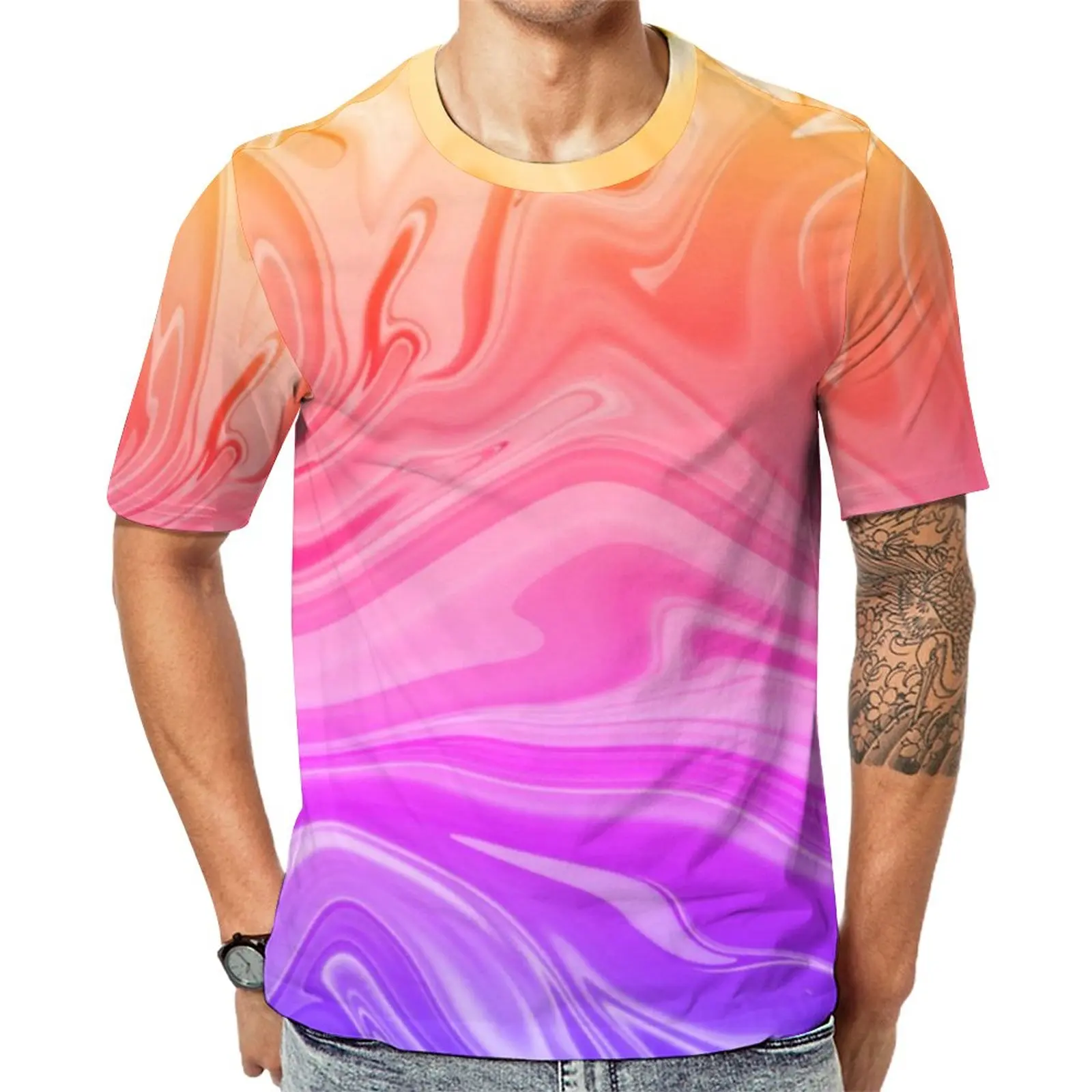 

Футболка мужская с градиентным абстрактным принтом, смешная рубашка с принтом Омбре, дизайнерский топ с коротким рукавом в стиле хиппи, синяя розовая, на лето