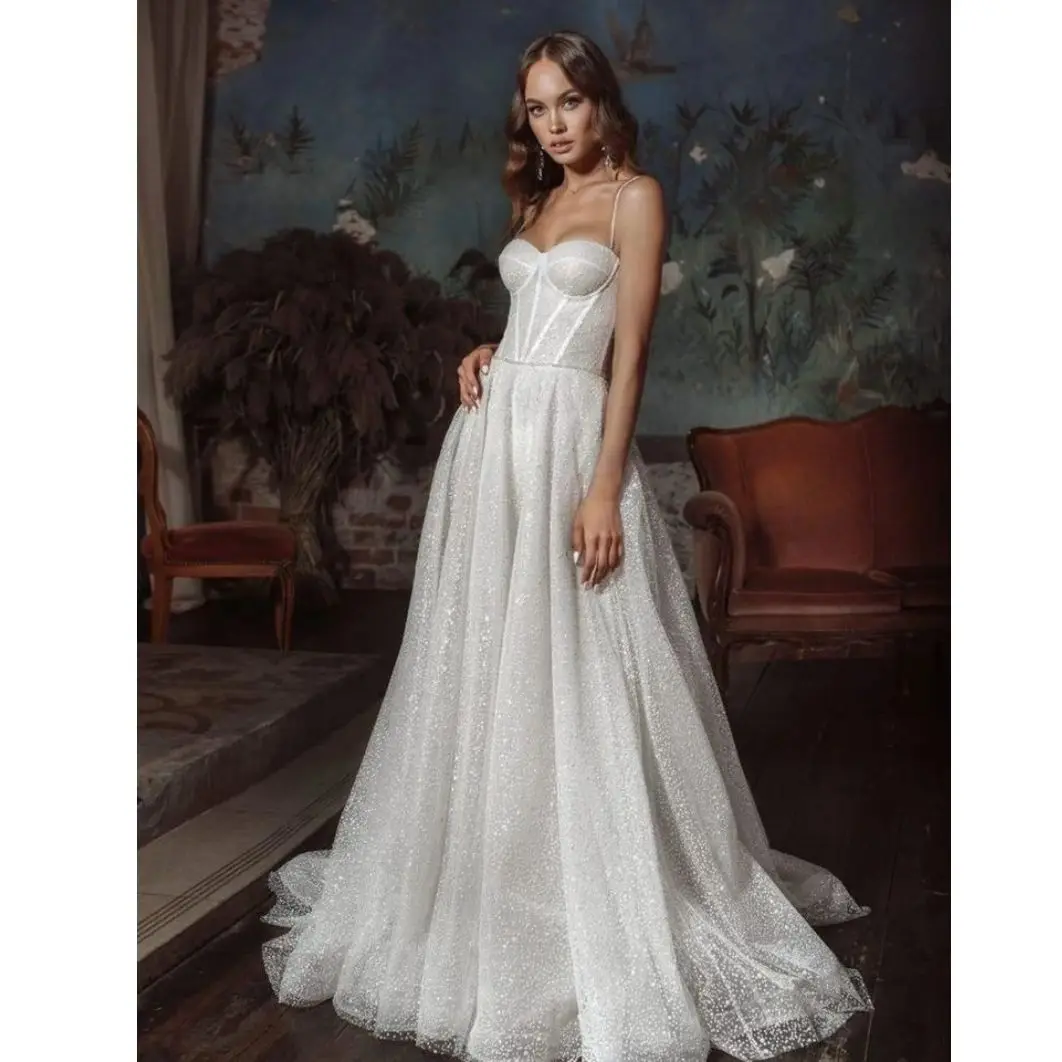

Modern Wedding Dress A-Line Glitter Tulle Spaghetti Strap Pageant Party Dress Sweetheart Sleeveless Vestidos De Noiva Handmade
