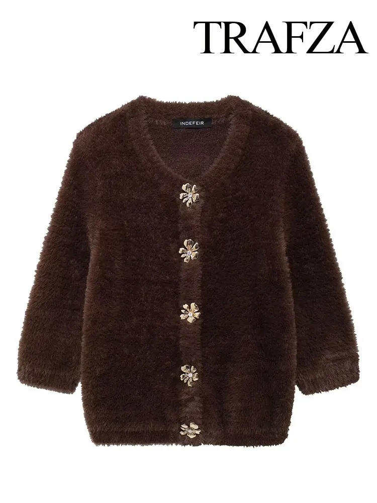 TRAFZA 2024 осенний женский модный кардиган с эффектом искусственного меха свитер