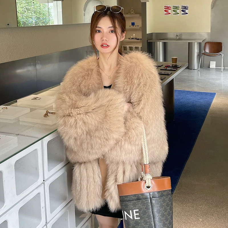 

Luxury genuine fox fur knitted coats woman winter 2022 real sheep leather patchwork v-neck loose fur outerwear