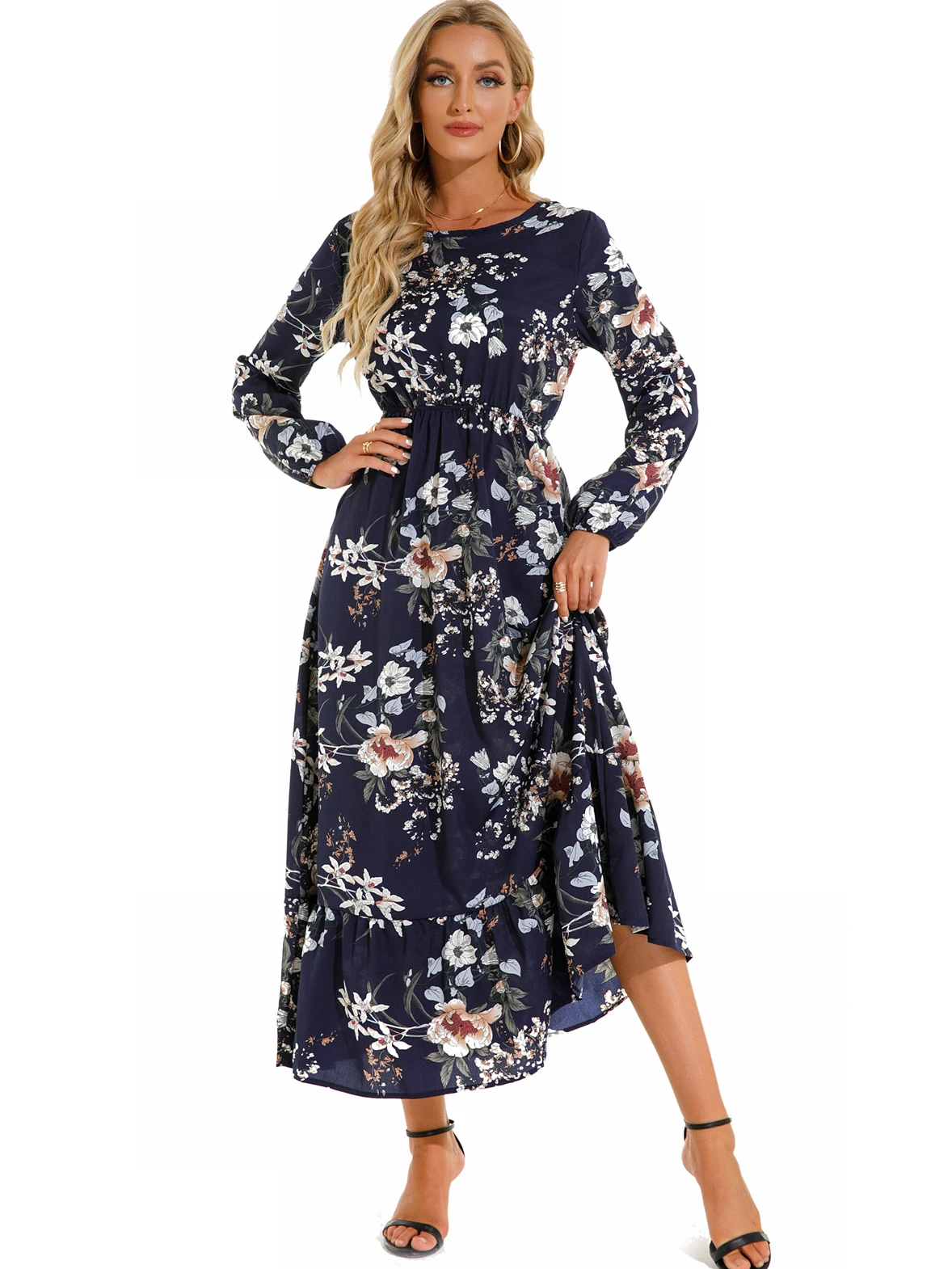 Women Elegant Floral Printed Long Dresses Spring Summer Casual O Neck Long Sleeve Ladies Chic High Waist A Line Beach Dresses images - 6