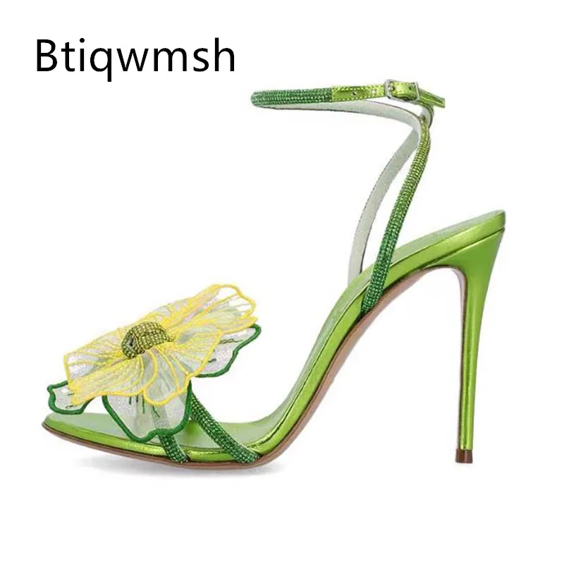 

Green Flower Rhinestone Sandals Woman Open Toe Narrow Band Ankle Strap High Heels Lady Sexy Party Shoes