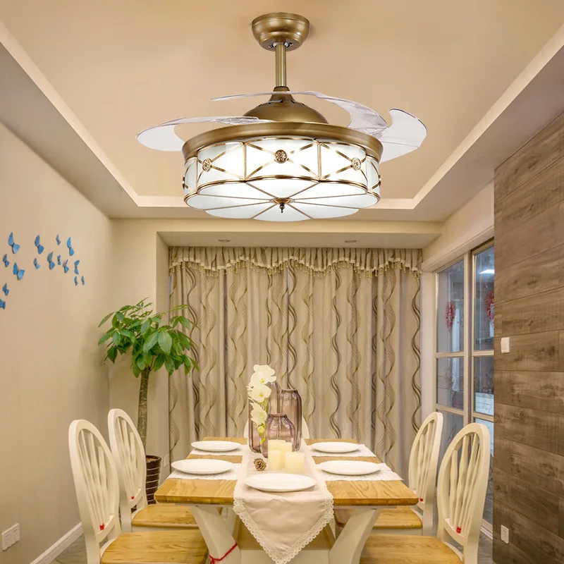 

American style all-copper invisible fan lamp household dining room ceiling fan lamp bedroom led lamp