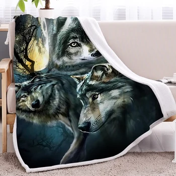 BlessLiving 3D Moon Wolf Sherpa Fleece Blanket Wild Animals Dreamcatcher Theme Blanket Super Soft Warm Portable For Home Travel 1