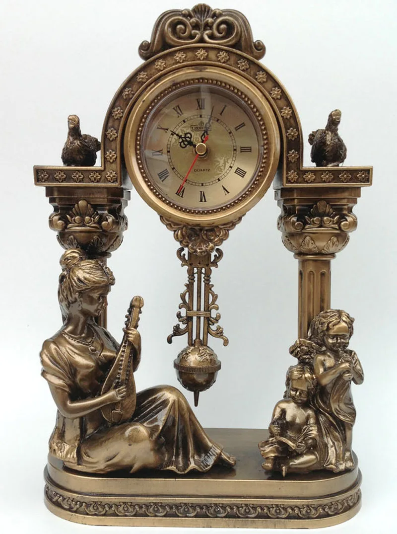 

Antique Style Resin Vintage Table Clock Pendulum Clocks Golden Statue Musical Theme Living Room Decor Silent Needle Desk Clock