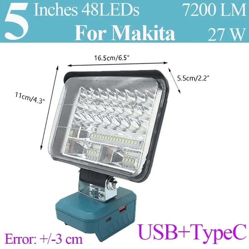 

Автомобильная светодиодная рабочая лампа, фонарик, прожектор типа C, USB Power Bank для Makita Lomvum Zhipu Hongsong, 18 В, литий-ионный аккумулятор