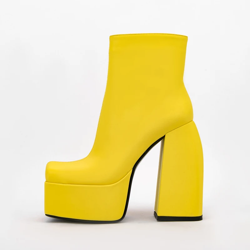 

Arden Furtado 2022 Women Matin Boots Platform squareToe strange style Height Sexy zipper yellow ankle Boots Big Size 41 42 43