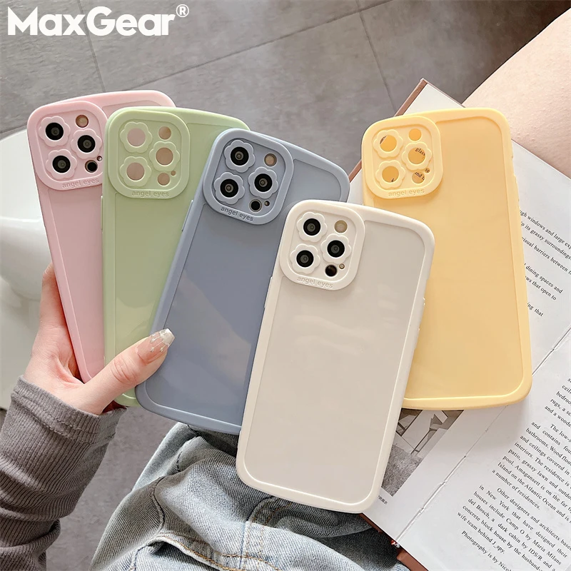 Solid Color Gloss Soft Silicone Phone Case For iPhone 13 12 11 Pro Max X XR XS 7 8Plus Little Flower Camera Protection Cover |